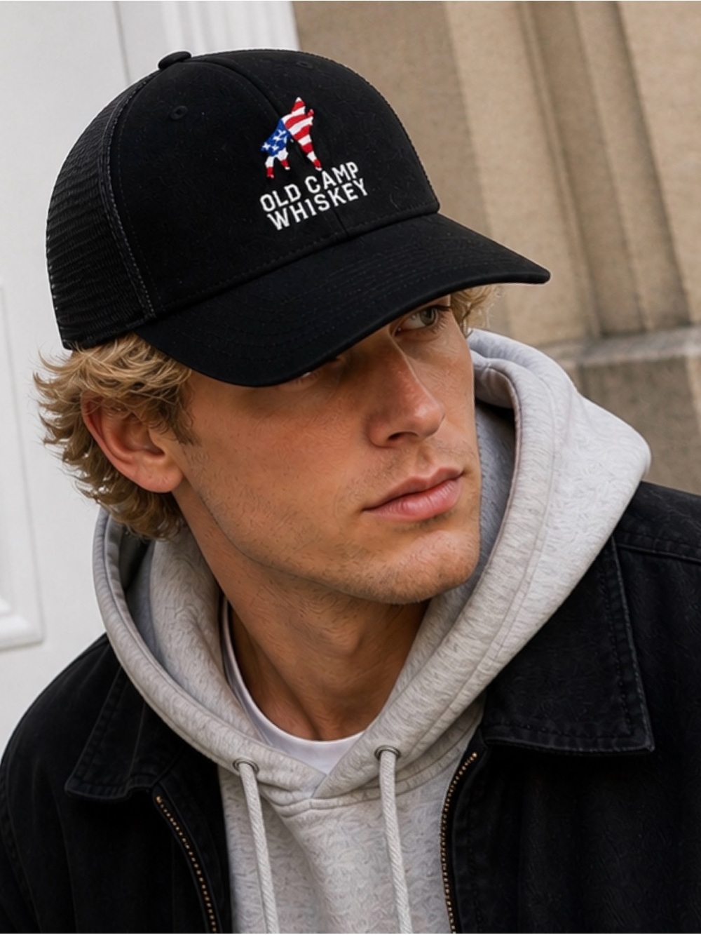 Old Camp Whiskey Trucker Hat USA Flag Black Mesh Snapback ACME NWOT